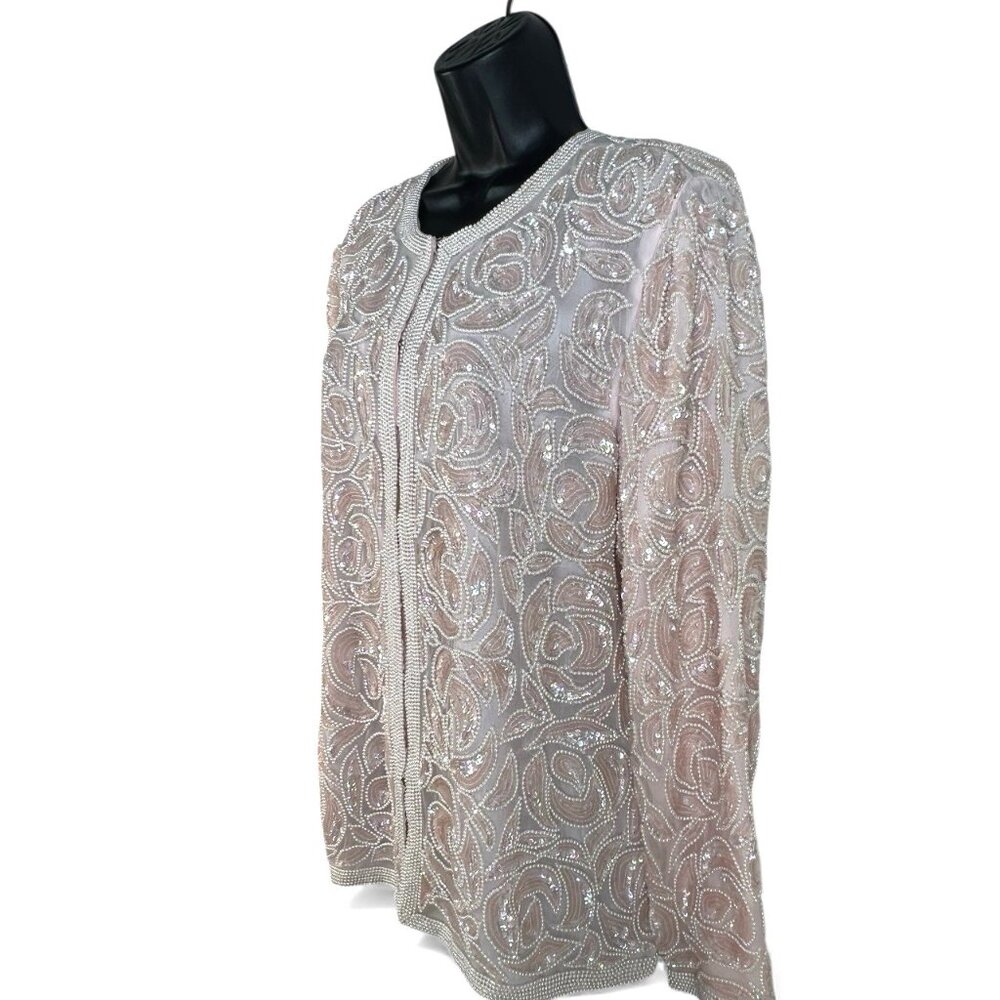 vtg‎ Lawrence Kazar Sequin/Pearl Silk Pink Nude  Womens M Cardigan - Picture 3 of 8